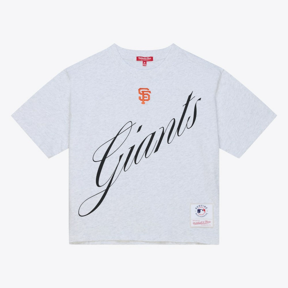 San Francisco Giants Women's Script Cropped Boxy T-Shirt Heather Gray | Mitchell & Ness