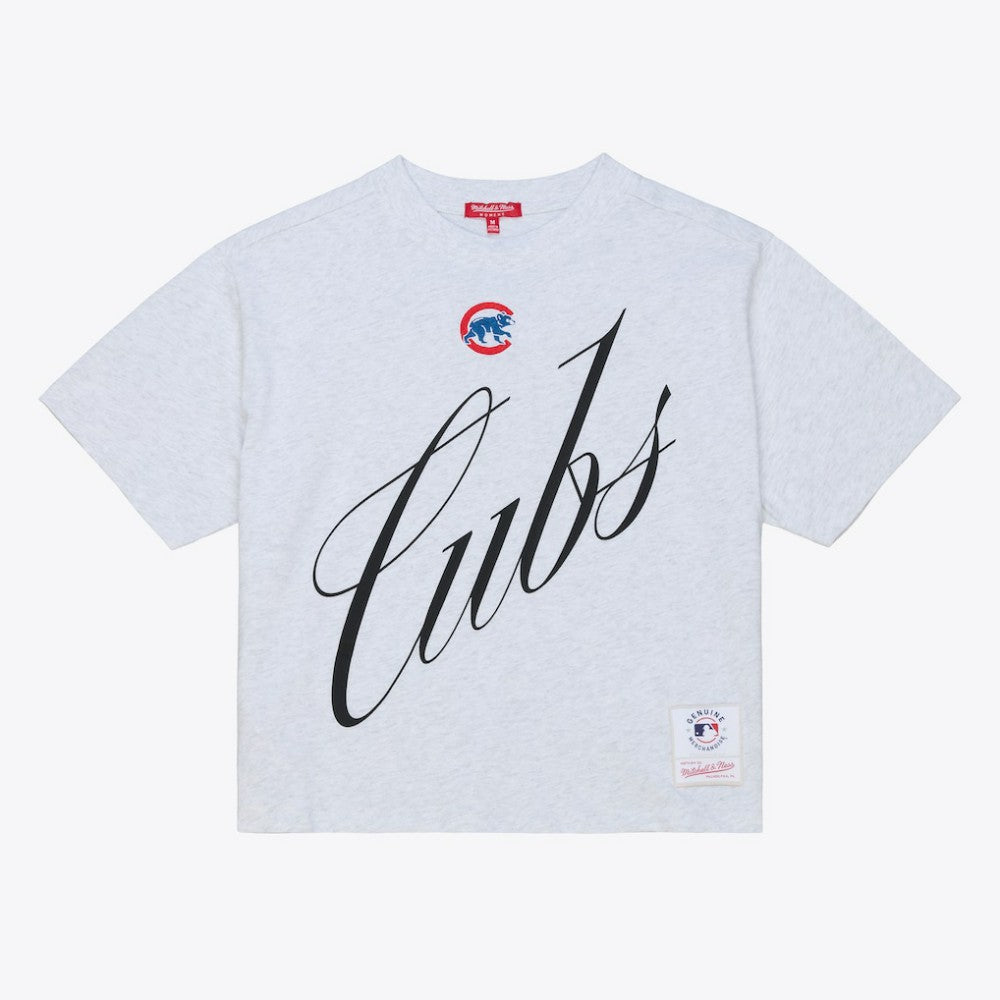 Chicago Cubs Women's Script Cropped Boxy T-Shirt Heather Gray | Mitchell & Ness