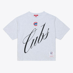 Chicago Cubs Women's Script Cropped Boxy T-Shirt Heather Gray | Mitchell & Ness