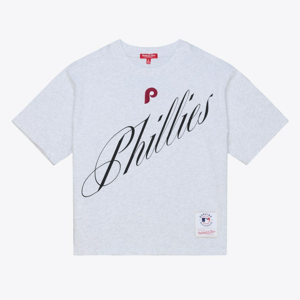 Philadelphia Phillies Women's Script Cropped Boxy T-Shirt Heather Gray | Mitchell & Ness