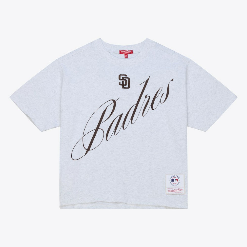 San Diego Padres Women's Script Cropped Boxy T-Shirt Heather Gray | Mitchell & Ness