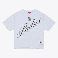 San Diego Padres Women's Script Cropped Boxy T-Shirt Heather Gray | Mitchell & Ness
