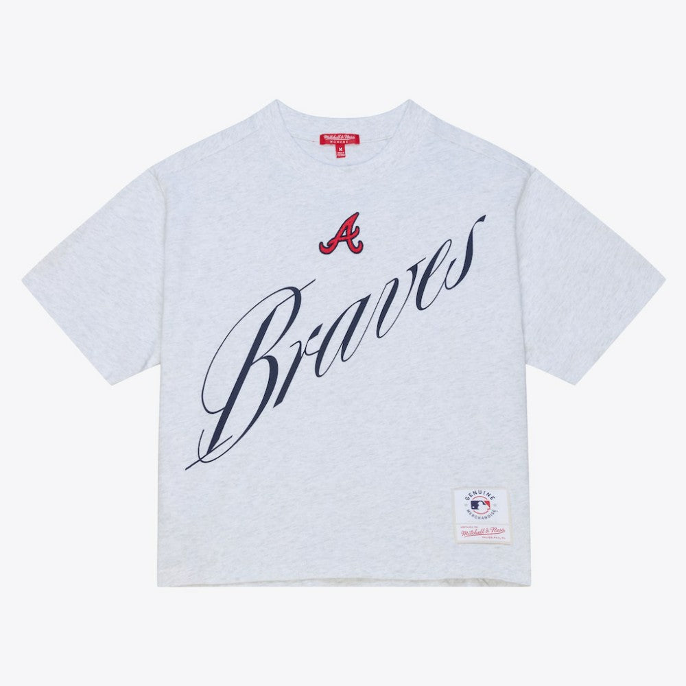 Atlanta Braves Women's Script Cropped Boxy T-Shirt Heather Gray | Mitchell & Ness
