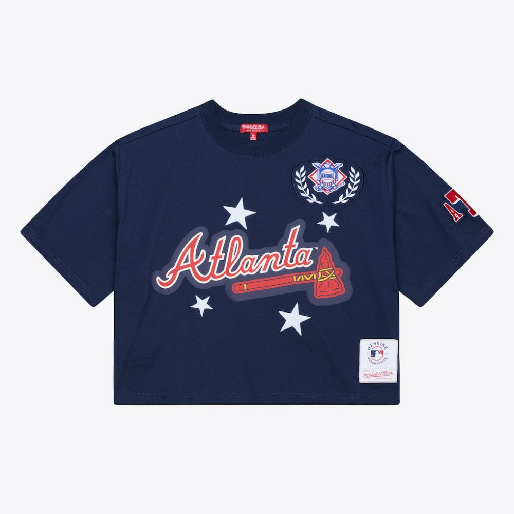 Atlanta Braves Women's Pep Rally Cropped Boxy T-Shirt Navy | Mitchell & Ness