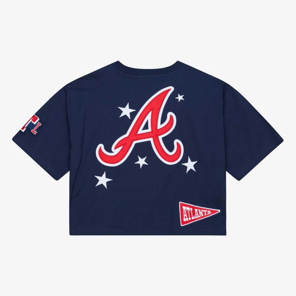 Atlanta Braves Women's Pep Rally Cropped Boxy T-Shirt Navy | Mitchell & Ness