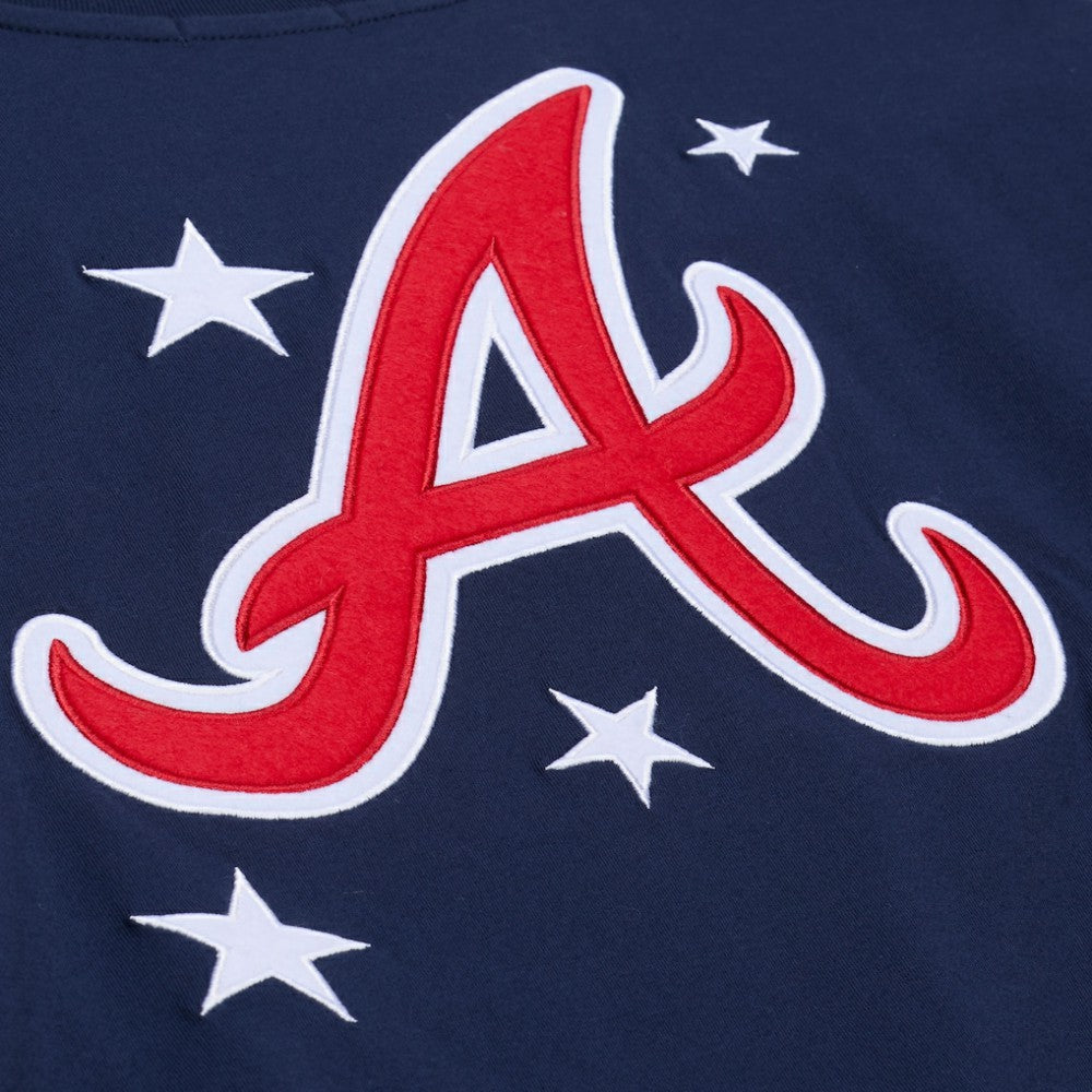 Atlanta Braves Women's Pep Rally Cropped Boxy T-Shirt Navy | Mitchell & Ness