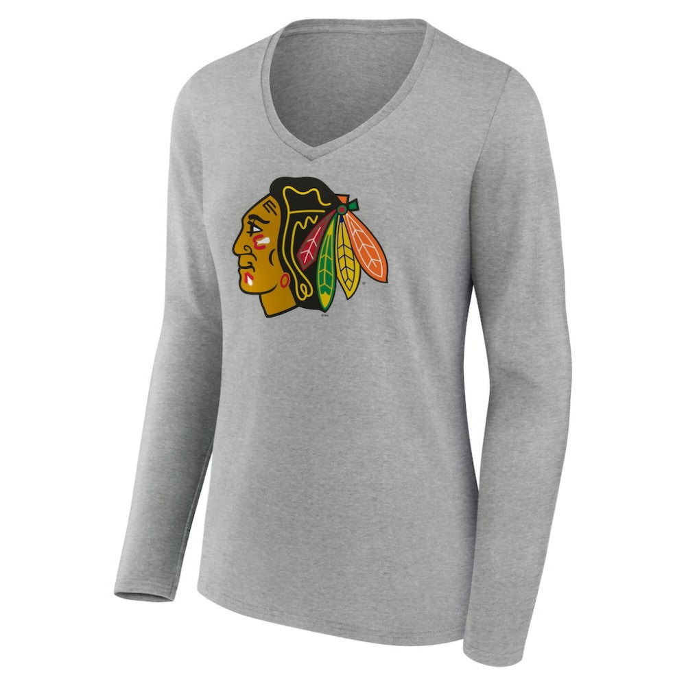 Chicago Blackhawks Women's Primary Logo Long Sleeve V-Neck T-Shirt Gray