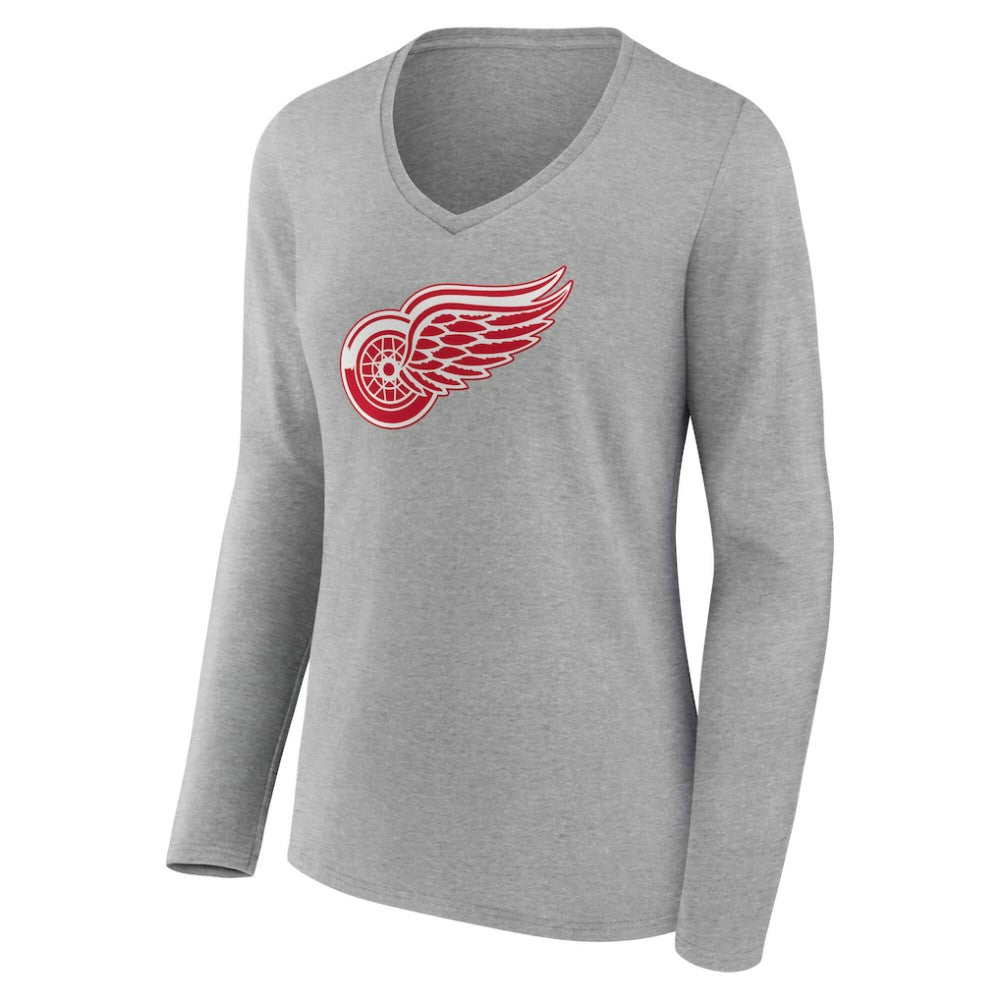 Detroit Red Wings Women's Primary Logo Long Sleeve V-Neck T-Shirt Gray