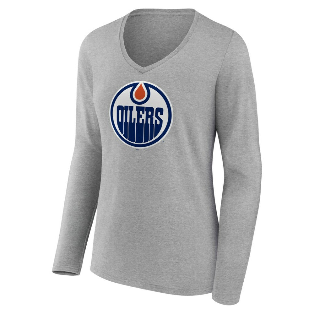 Edmonton Oilers Women's Primary Logo Long Sleeve V-Neck T-Shirt Gray