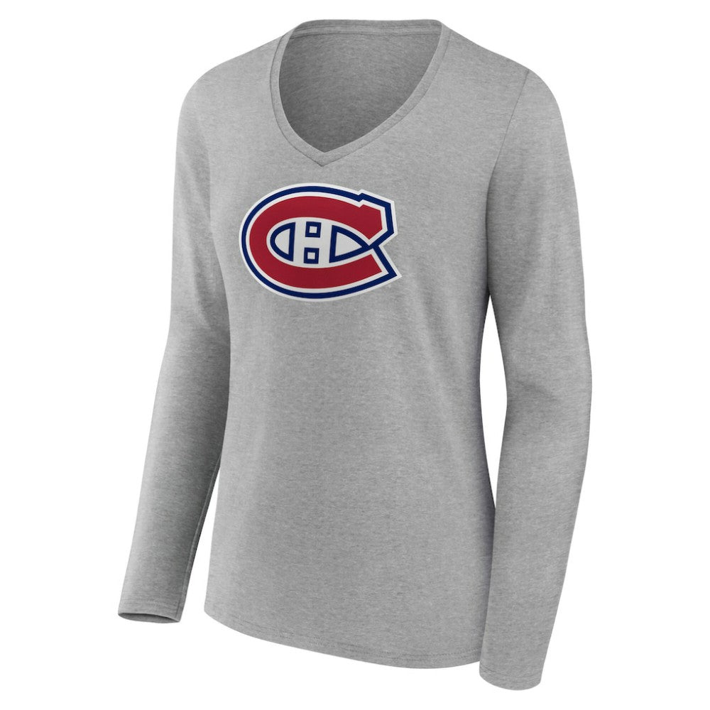 Montreal Canadiens Women's Primary Logo Long Sleeve V-Neck T-Shirt Gray