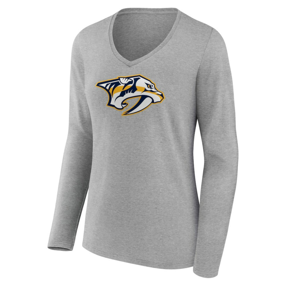 Nashville Predators Women's Primary Logo Long Sleeve V-Neck T-Shirt Gray