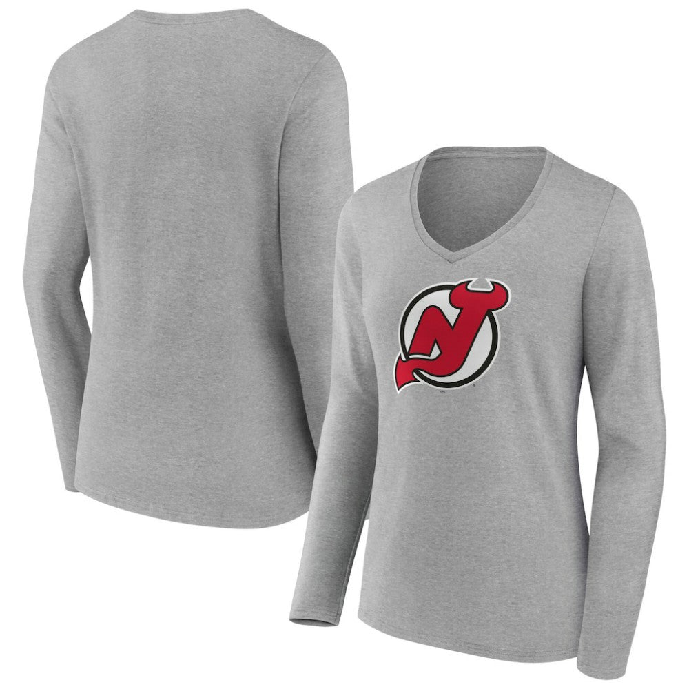 New Jersey Devils Women's Primary Logo Long Sleeve V-Neck T-Shirt Gray