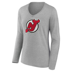 New Jersey Devils Women's Primary Logo Long Sleeve V-Neck T-Shirt Gray