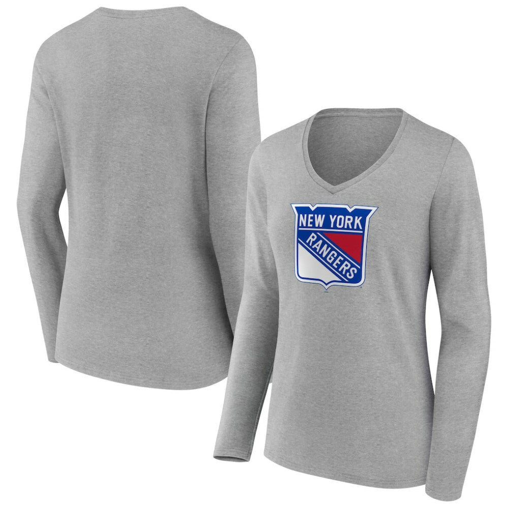 New York Rangers Women's Primary Logo Long Sleeve V-Neck T-Shirt Gray