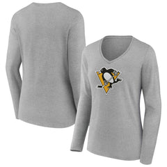 Pittsburgh Penguins Women's Primary Logo Long Sleeve V-Neck T-Shirt Gray