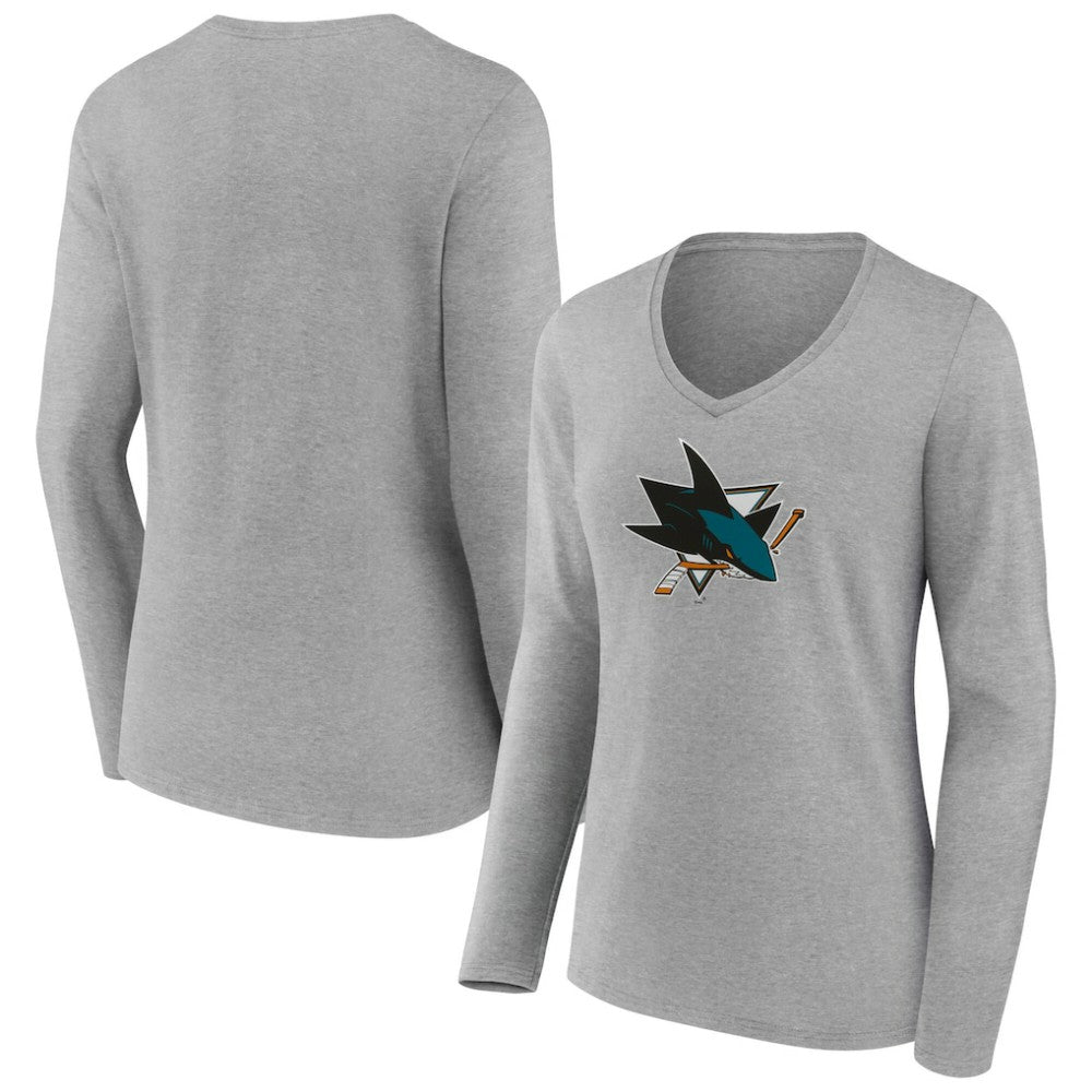 San Jose Sharks Women's Primary Logo Long Sleeve V-Neck T-Shirt Gray