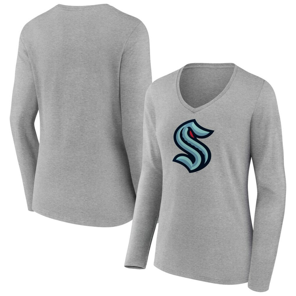 Seattle Kraken Women's Primary Logo Long Sleeve V-Neck T-Shirt Gray
