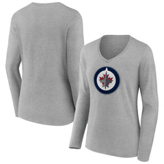 Winnipeg Jets Women's Primary Logo Long Sleeve V-Neck T-Shirt Gray
