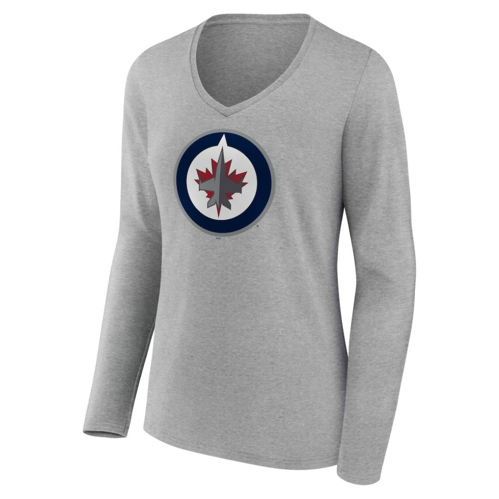 Winnipeg Jets Women's Primary Logo Long Sleeve V-Neck T-Shirt Gray
