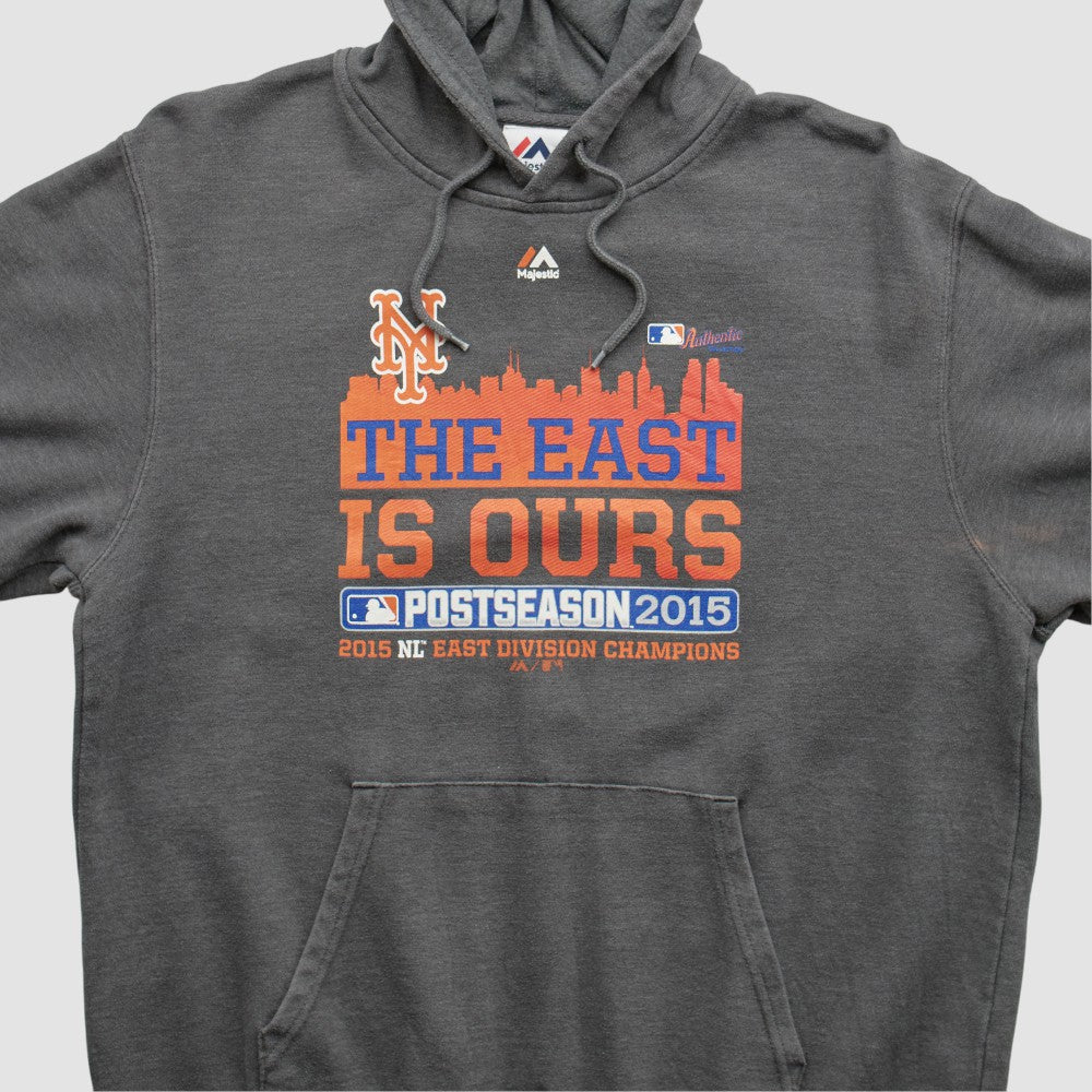 New York Mets Majestic 2015 Hooded Pullover Sweatshirt Dark Heather Gray Vintage