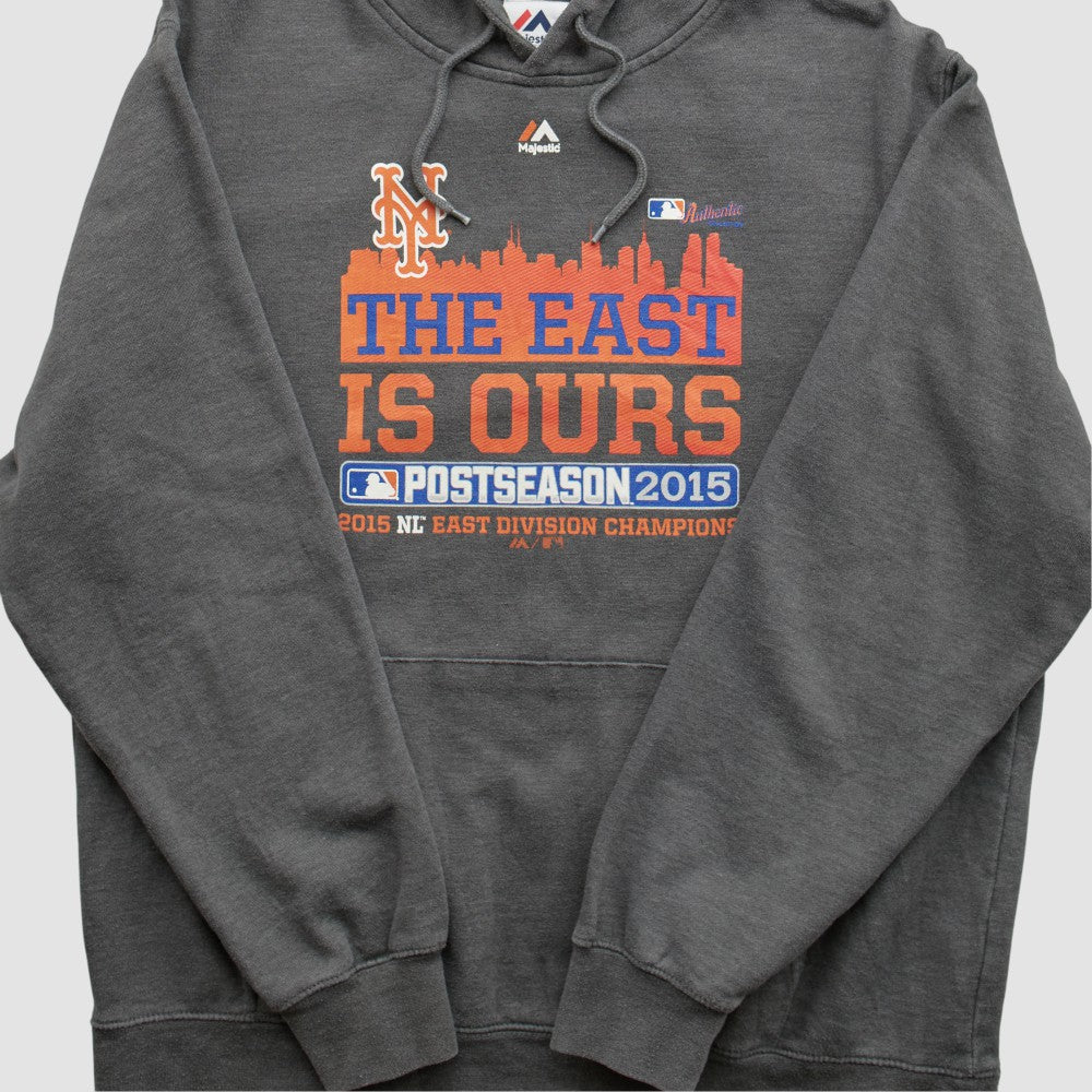 New York Mets Majestic 2015 Hooded Pullover Sweatshirt Dark Heather Gray Vintage
