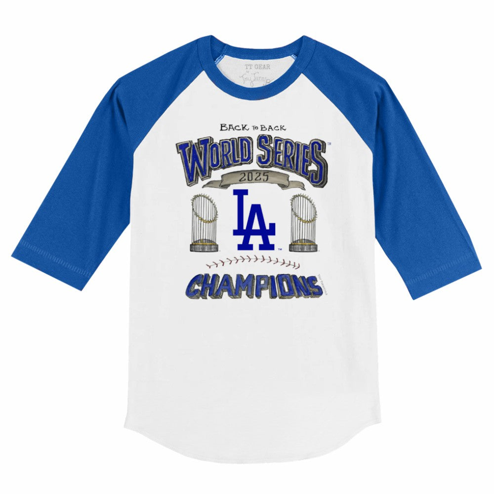 Los Angeles Dodgers Tiny Turnip Youth 2025 World Series Champions 3/4-Sleeve Raglan Baseball T-Shirt White/Royal