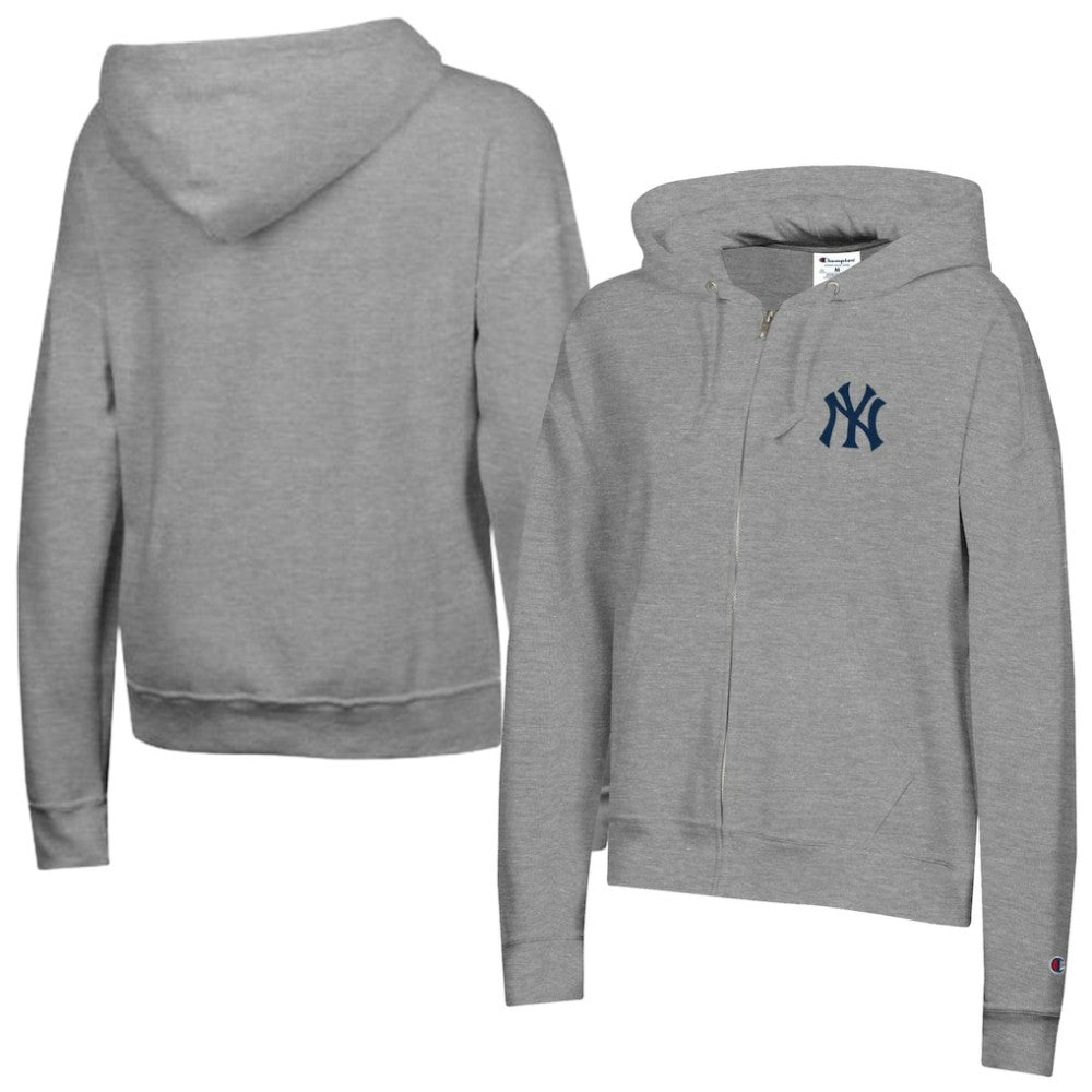 New York Yankees Champion Women's Powerblend Fleece Full-Zip Hoodie Heather Gray