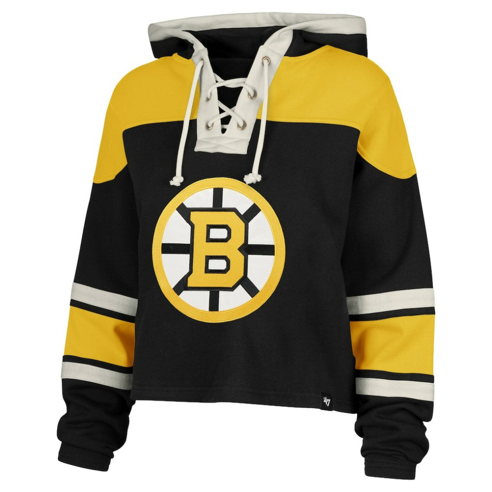 Jeremy Swayman Boston Bruins '47 Women's Superior Lacer Cropped Pullover Hoodie Black