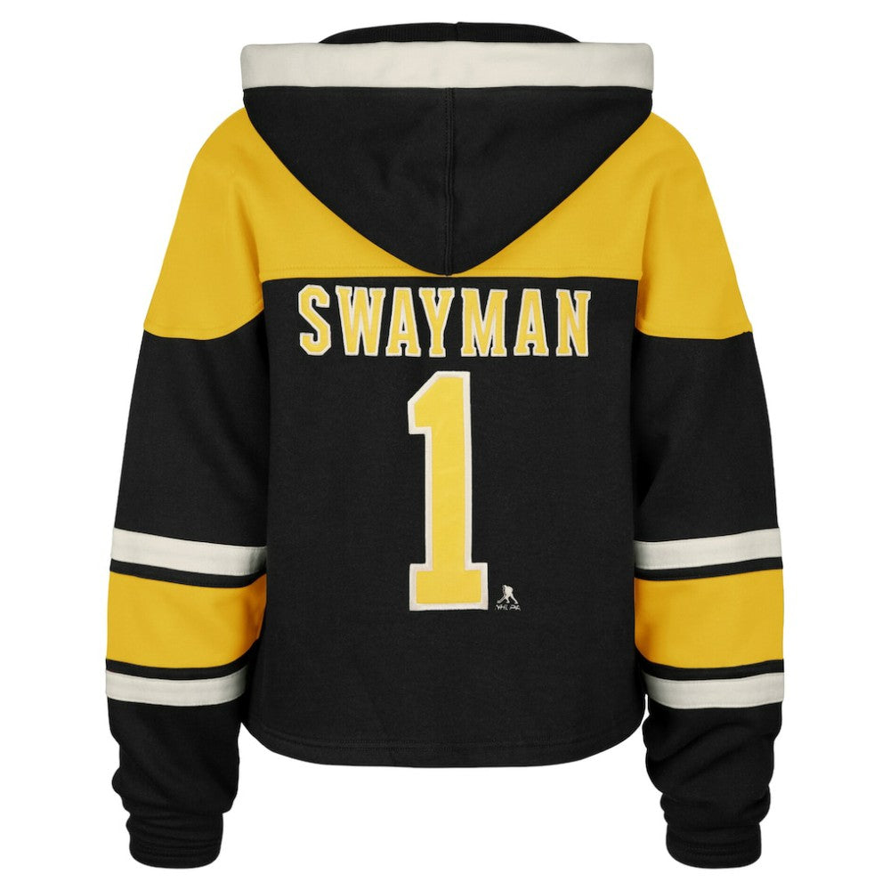 Jeremy Swayman Boston Bruins '47 Women's Superior Lacer Cropped Pullover Hoodie Black
