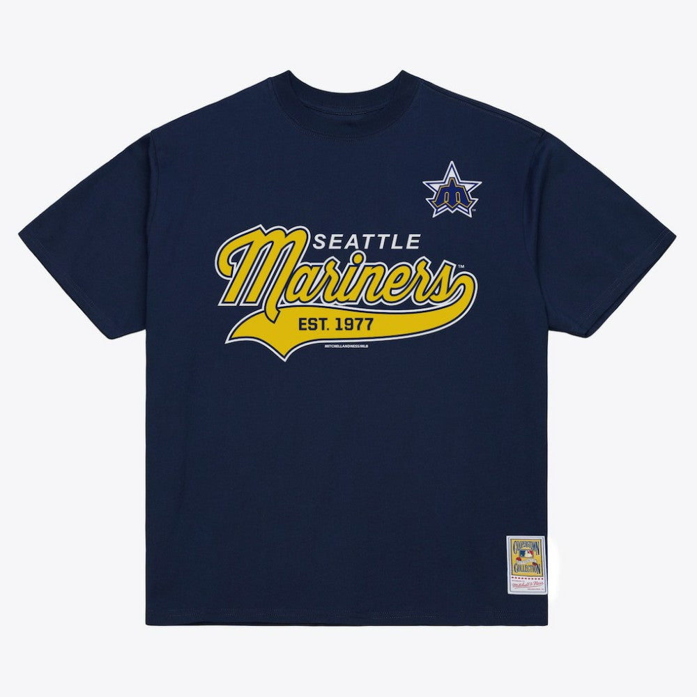 Seattle Mariners Script Sweep Arch T-Shirt Navy | Mitchell & Ness