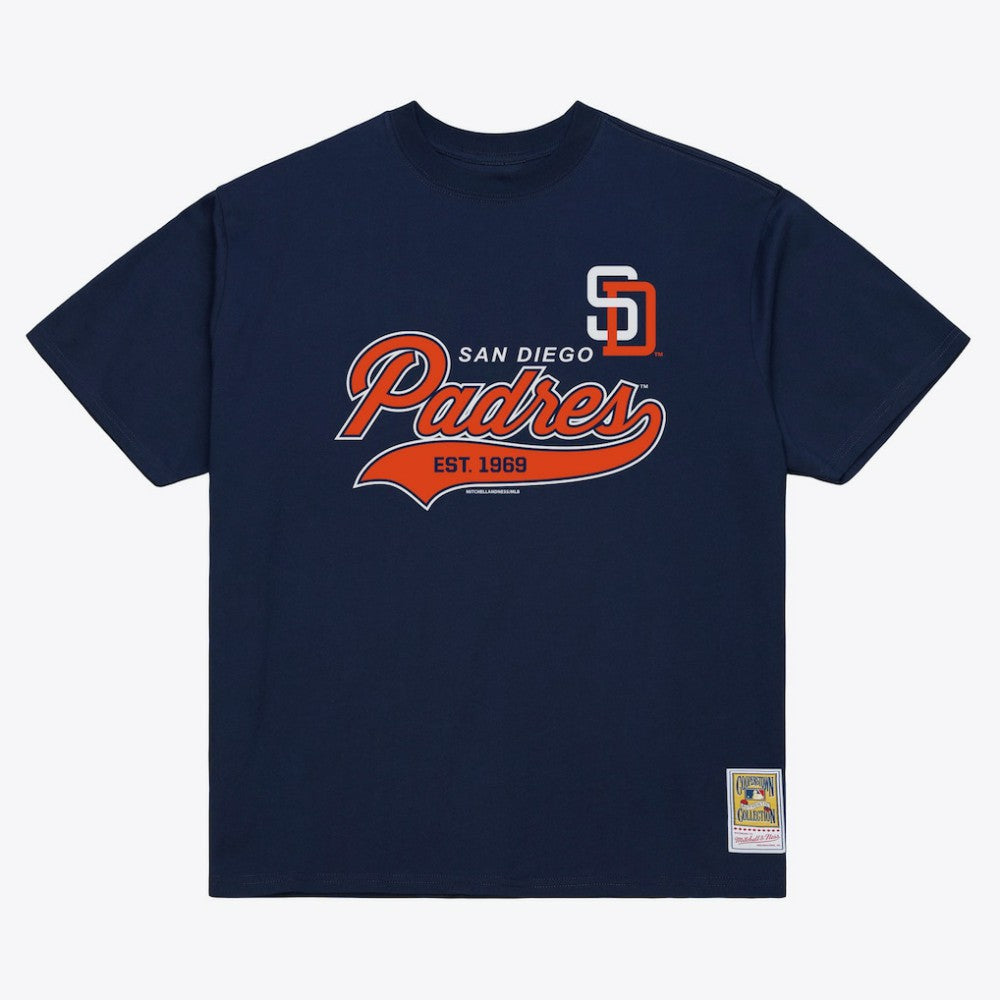 San Diego Padres Script Sweep Arch T-Shirt Navy | Mitchell & Ness