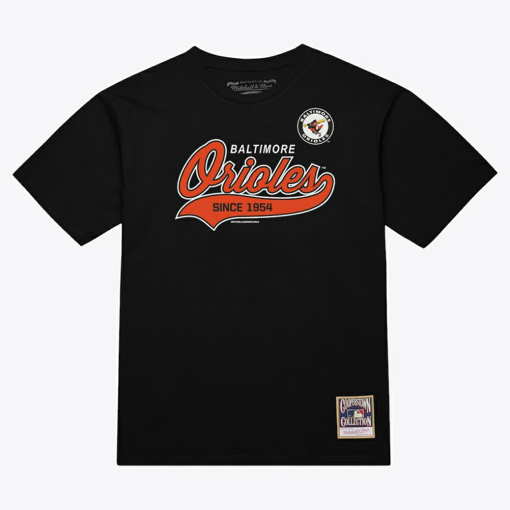 Baltimore Orioles Script Sweep Arch T-Shirt Black | Mitchell & Ness