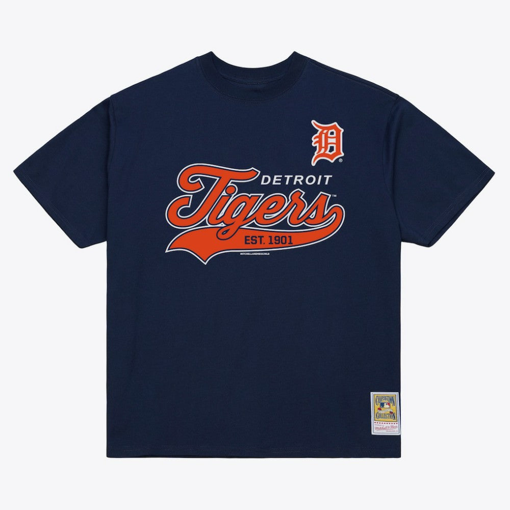 Detroit Tigers Script Sweep Arch T-Shirt Navy | Mitchell & Ness