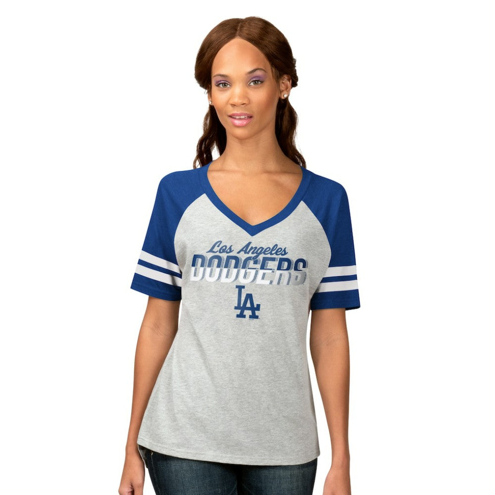 Los Angeles Dodgers G-III 4Her by Carl Banks Women's Goal Line Raglan V-Neck T-Shirt Heather Gray