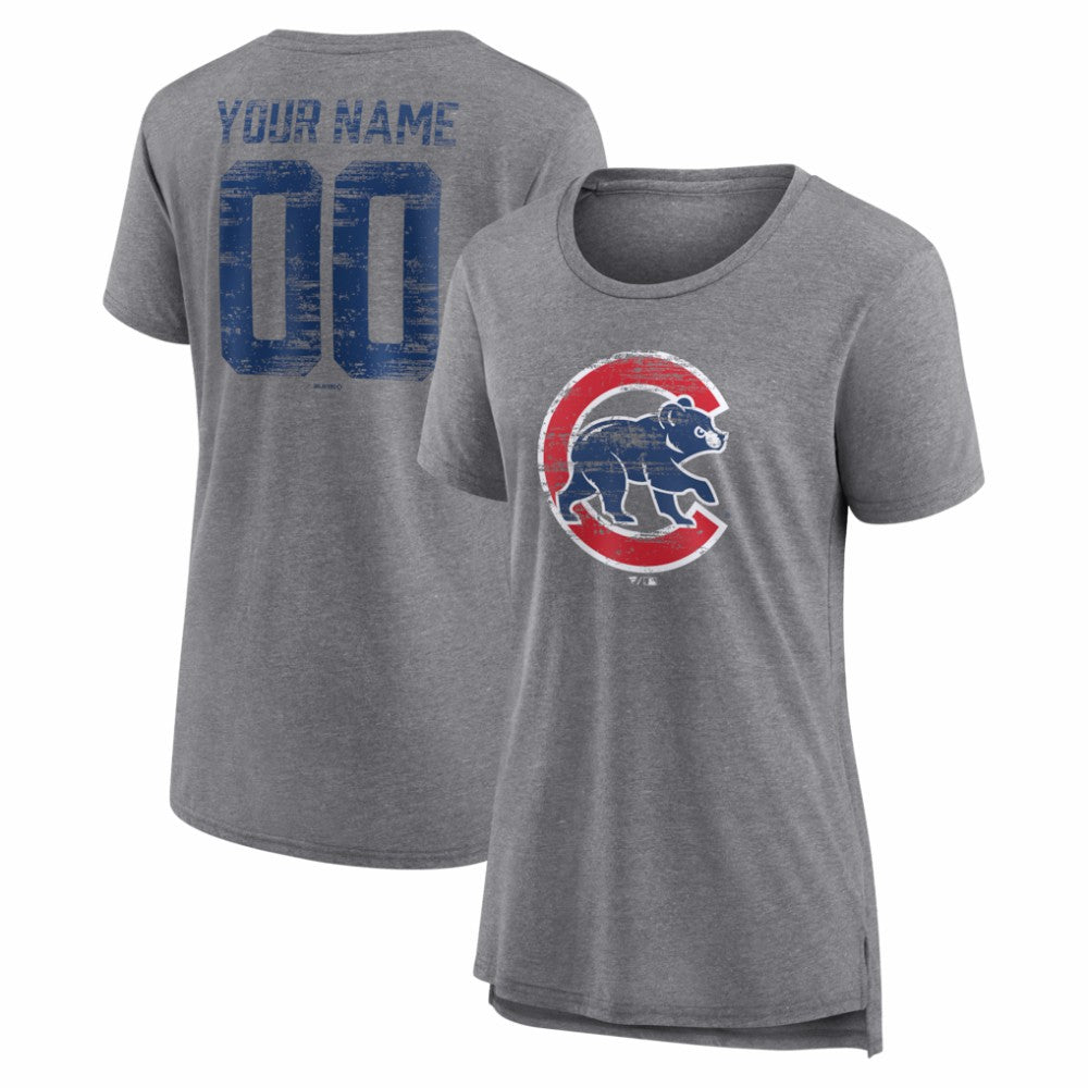 Chicago Cubs Women's Heritage Personalized Any Name & Number Tri-Blend T-Shirt Gray