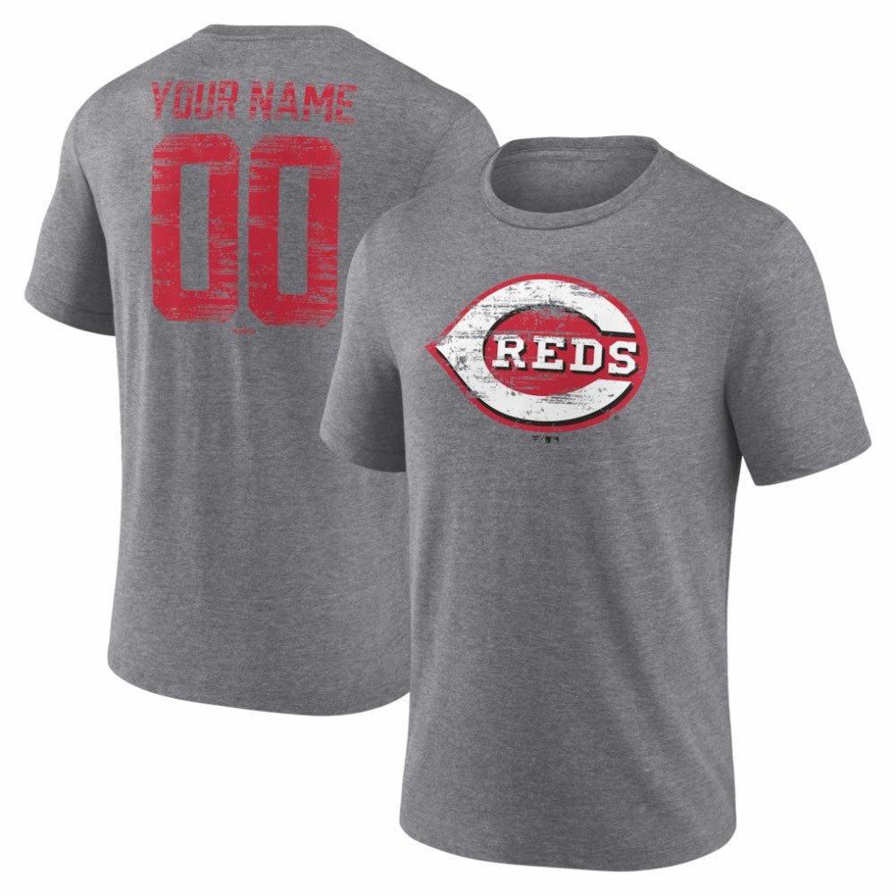 Cincinnati Reds Heritage Personalized Any Name & Number Tri-Blend T-Shirt Gray