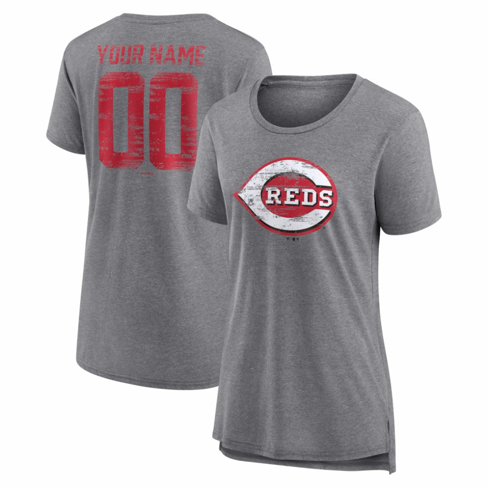 Cincinnati Reds Women's Heritage Personalized Any Name & Number Tri-Blend T-Shirt Gray