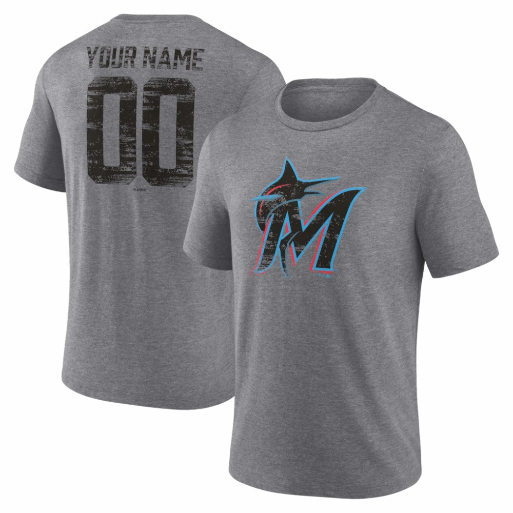 Miami Marlins Heritage Personalized Any Name & Number Tri-Blend T-Shirt Gray