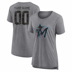 Miami Marlins Women's Heritage Personalized Any Name & Number Tri-Blend T-Shirt Gray