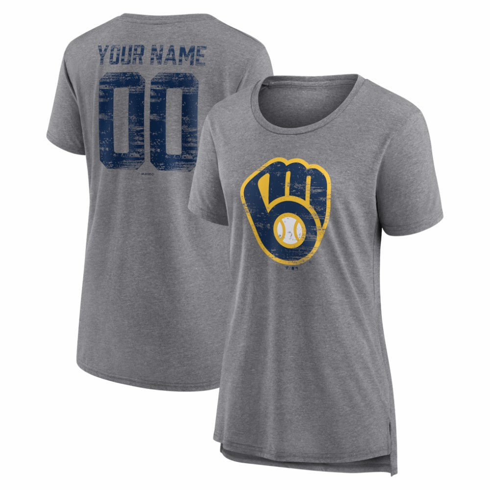 Milwaukee Brewers Women's Heritage Personalized Any Name & Number Tri-Blend T-Shirt Gray