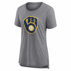 Milwaukee Brewers Women's Heritage Personalized Any Name & Number Tri-Blend T-Shirt Gray
