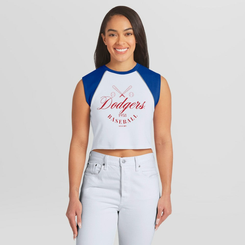 Los Angeles Dodgers WEAR by Erin Andrews Women's Cooperstown Cropped Raglan Tank Top White