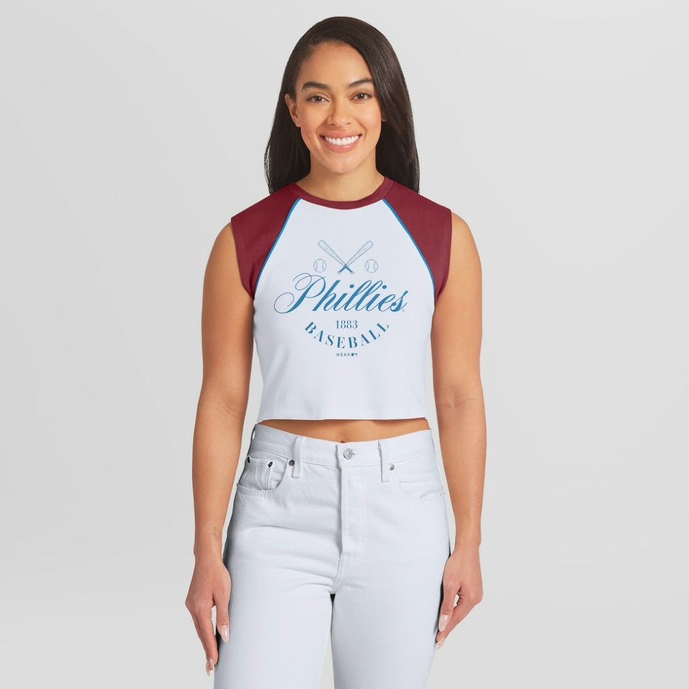 Philadelphia Phillies WEAR by Erin Andrews Women's Cooperstown Cropped Raglan Tank Top White