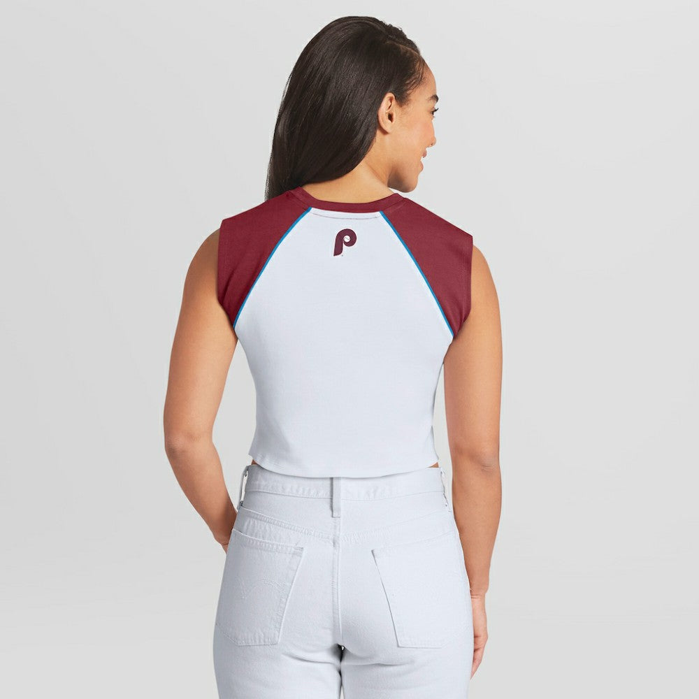 Philadelphia Phillies WEAR by Erin Andrews Women's Cooperstown Cropped Raglan Tank Top White