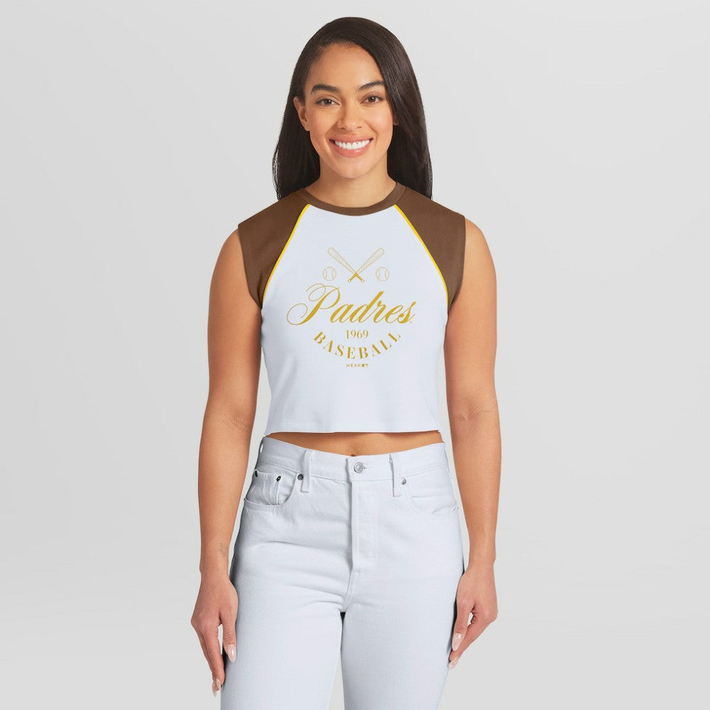 San Diego Padres WEAR by Erin Andrews Women's Cooperstown Cropped Raglan Tank Top White