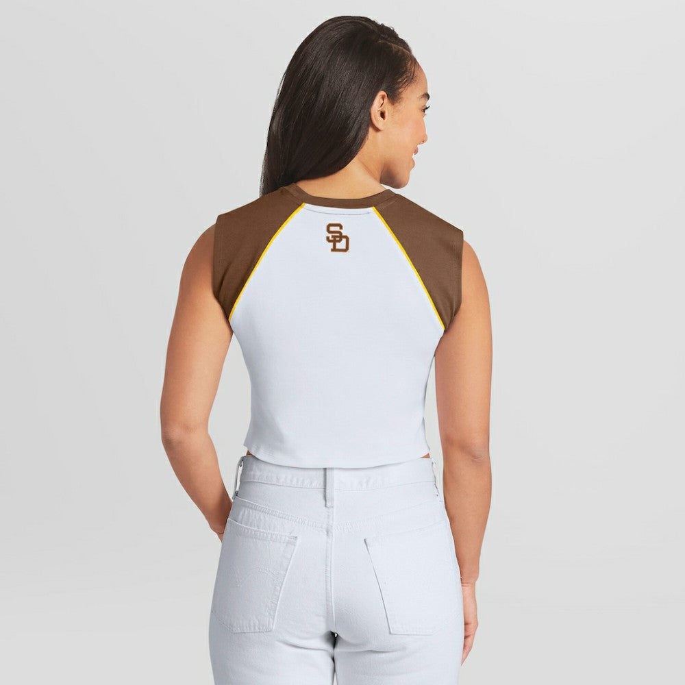 San Diego Padres WEAR by Erin Andrews Women's Cooperstown Cropped Raglan Tank Top White