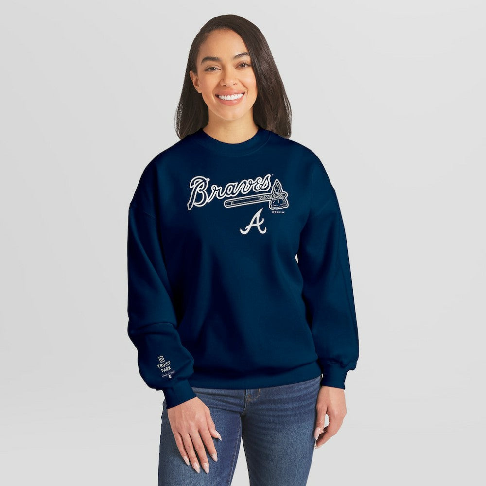 Atlanta Braves WEAR by Erin Andrews Women's Heavyweight Crew Neck Sweatshirt Navy