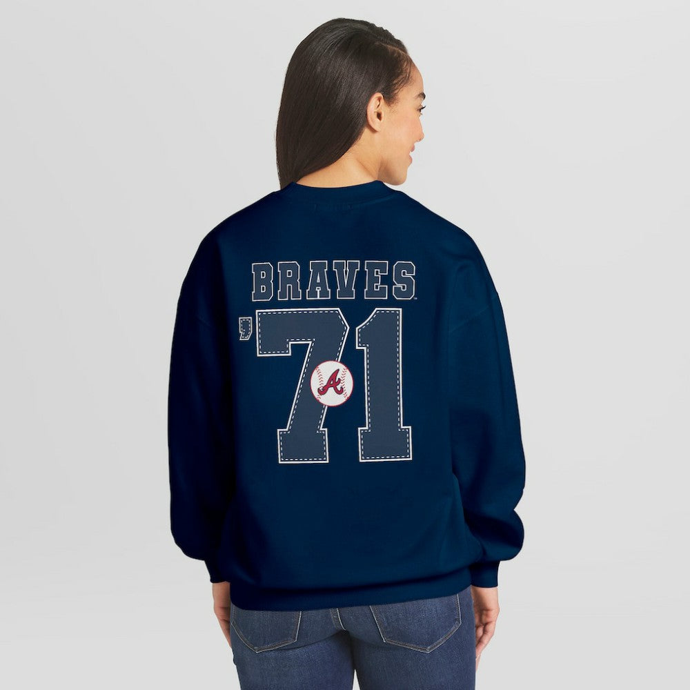 Atlanta Braves WEAR by Erin Andrews Women's Heavyweight Crew Neck Sweatshirt Navy