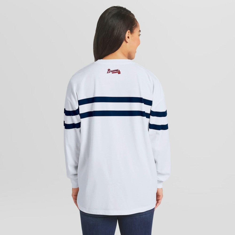 Atlanta Braves WEAR by Erin Andrews Women's Oversized Long Sleeve Striped T-Shirt White