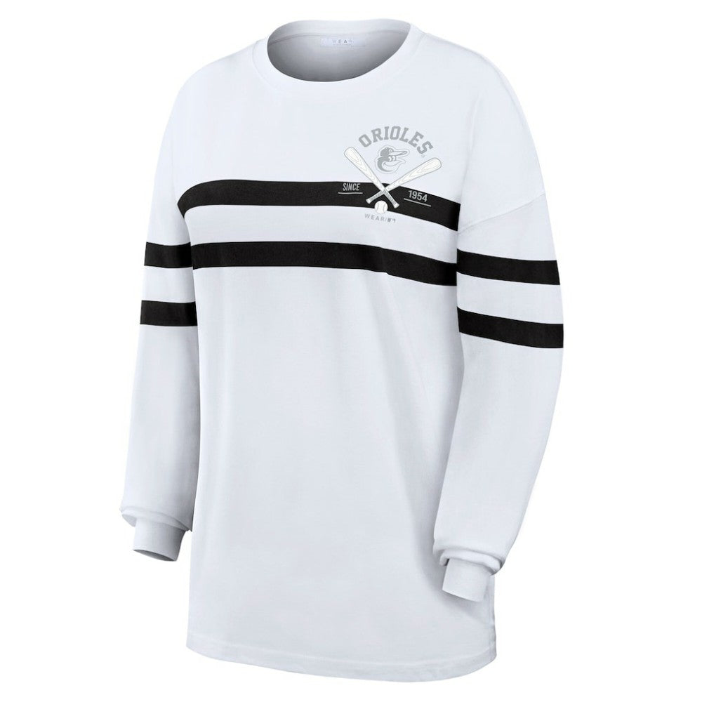 Baltimore Orioles WEAR by Erin Andrews Women's Oversized Long Sleeve Striped T-Shirt White